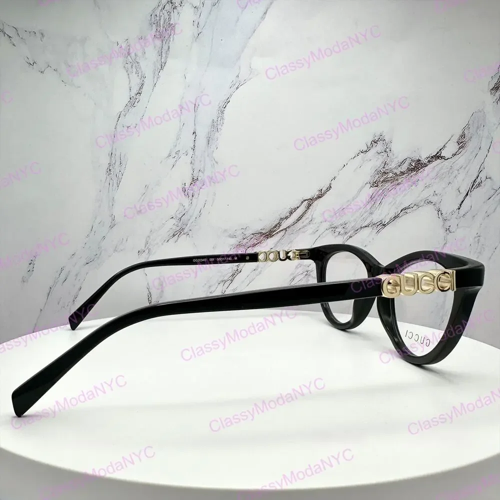 New GUCCI Eyeglasses Black 50mm Acetate Cat Eye Gold Cut Out Metal Logo Rx-able